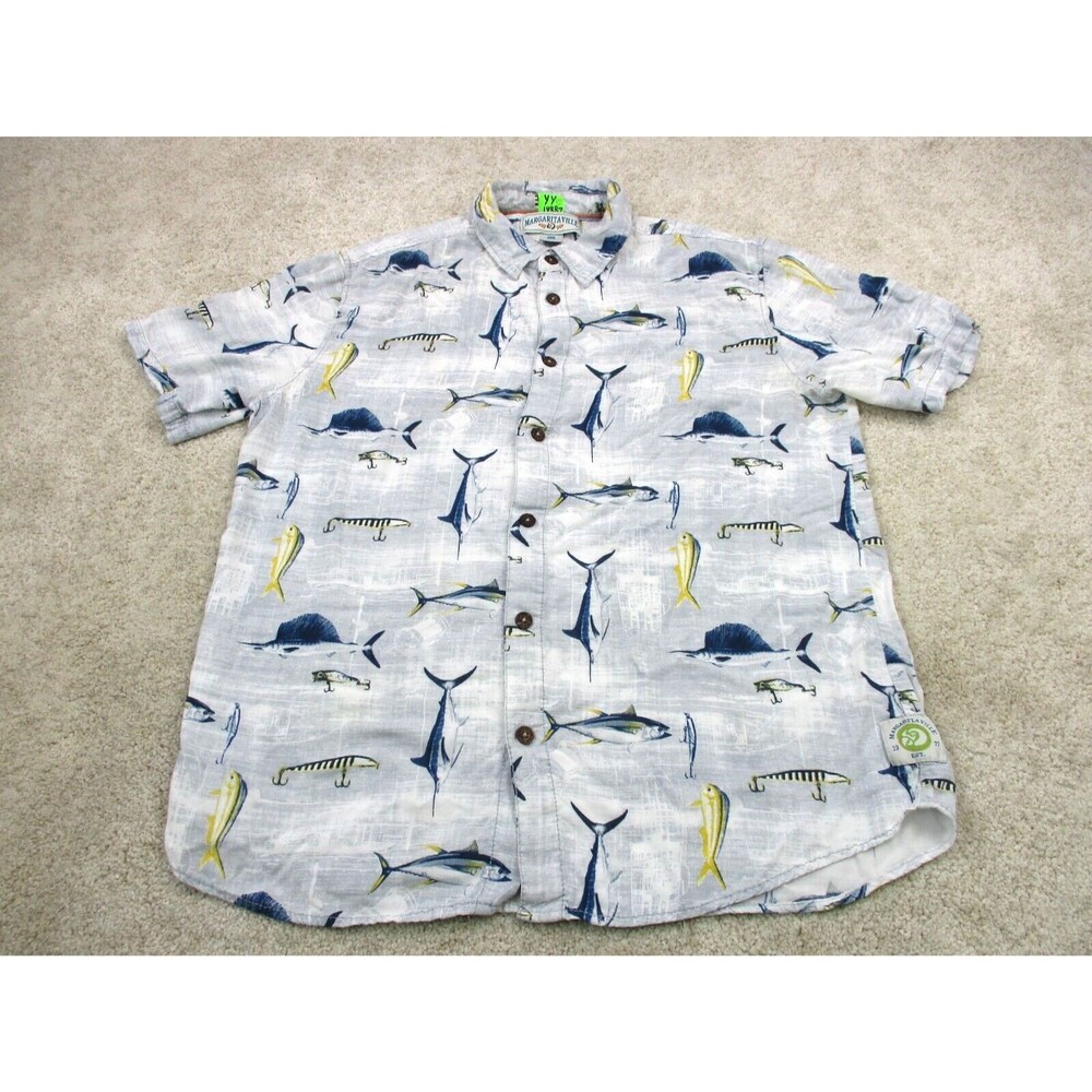 Margaritaville Shirt Mens Large Gray Fish Print Jimmy Buffett Casual Button Up *
